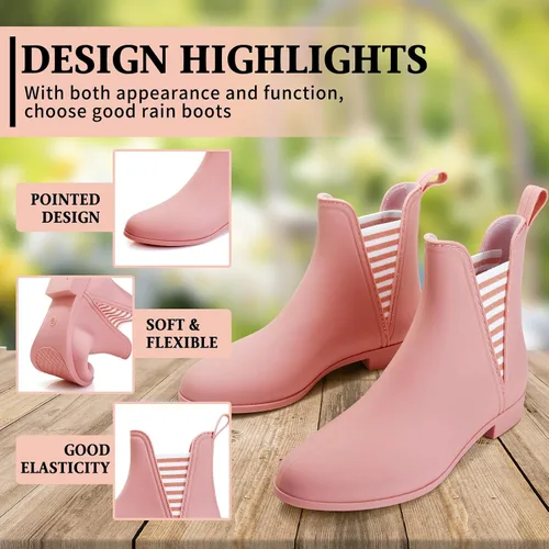 Vista 4 de Hsttgsr Botas de lluvia para mujer, cómodas botas de goma cortas antideslizantes, elegantes botines elásticos de tacón medio para jardín