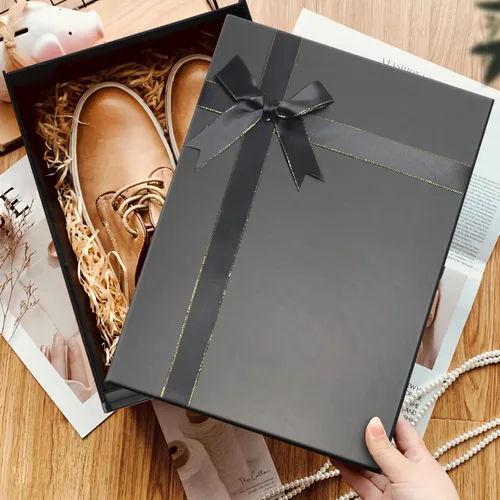 Vista 5 de Eerbaier Caja de regalo grande con tapa de 13 x 9.9 x 5 pulgadas, caja de regalo negra con fila de cinta, tarjeta y relleno de papel triturado, caja
