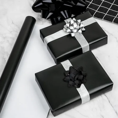 Vista 5 de RUSPEPA Papel de regalo negro de color sólido, mini rollo, para bodas, cumpleaños, fiestas, felicitaciones y vacaciones, 17 pulgadas x 32.8 pies