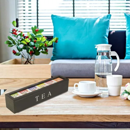 Vista 2 de AYNEFY Organizador de almacenamiento de caja de té, caja de almacenamiento de té con 5 ranuras, caja de almacenamiento de té, organizador de caja