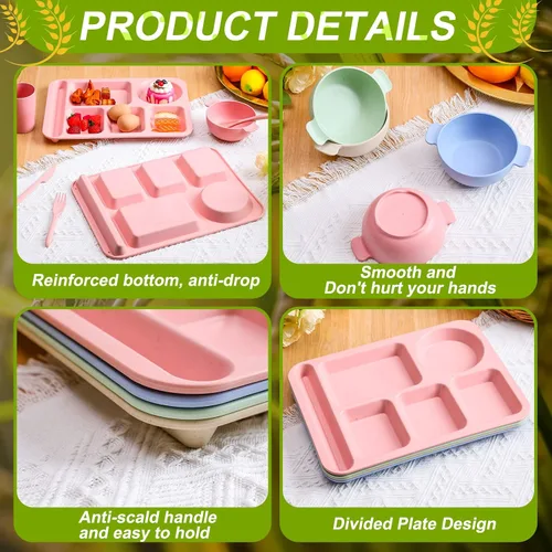 Vista 3 de Bokon Juego de 24 platos divididos para adultos de paja de trigo, juego de cubiertos para niños pequeños, apto para microondas, picnic, escuela