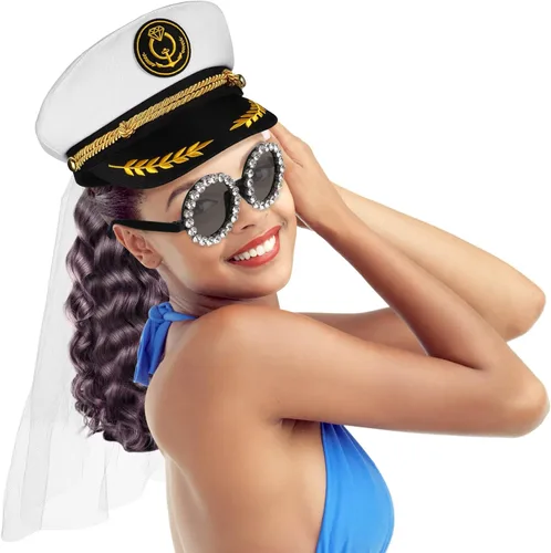 Vista 6 de GALPADA Juego de gafas de sombrero de marinero y gafas para despedida de soltero, Como se muestra