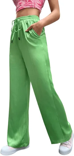 Vista 4 de SweatyRocks Pantalones de satén de pierna ancha para mujer con cintura elástica y bolsillo