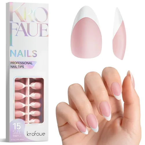 Vista 11 de Krofaue Uñas postizas con punta francesa: uñas cuadradas cortas a presión Puntas de uñas cuadradas francesas mate