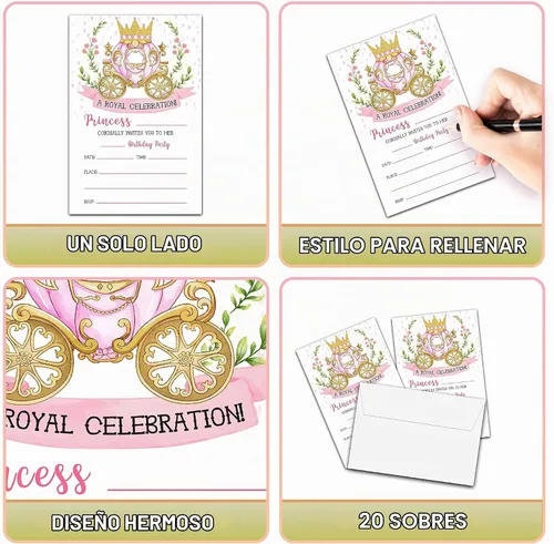 Vista 3 de Invitaciones de cumpleaños de princesa con sobres, tarjeta de invitación de fiesta real para niñas, tarjetas de invitaciones rosadas y doradas