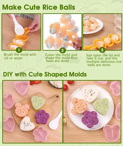 Vista 3 de Qivine Onigiri - Juego de moldes de arroz para niños, 21 moldes de arroz para niños, kit de máquina de musubi, agitador de moldes de bolas de arroz