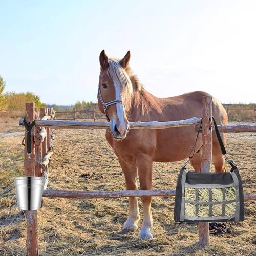 Vista 7 de 2 ganchos para correas de cubo de caballo, proveedores de caballos, correas de nailon ajustables para redes de bolsas de heno, comederos al aire