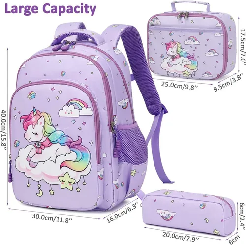 Vista 2 de Juego de mochila para niñas y adolescentes, mochila escolar para niños con bolsa para el almuerzo, estuche para lápices, mochilas escolares
