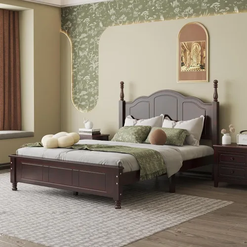 Vista 4 de DEINPPA Marco de cama bajo con póster de estilo inglés, cama de plataforma de madera medieval, no necesita somier, nogal oscuro