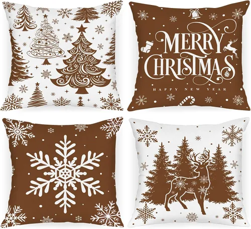 Vista 16 de Lanpn Juego de 4 fundas de almohada de Navidad negras de 12 x 12 pulgadas, fundas de almohada decorativas de invierno, cojín de árbol de Navidad