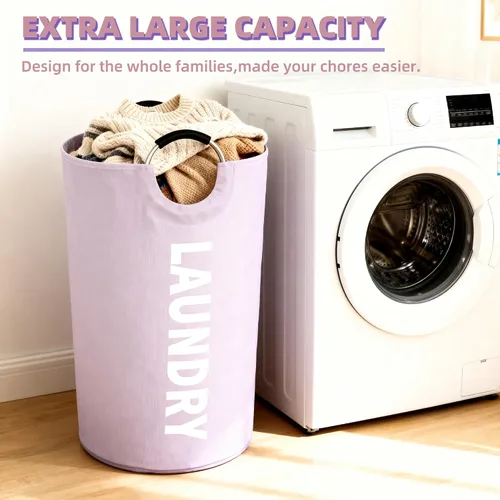 Vista 2 de Bolsa de lavandería plegable de 90 litros con asa, canasta grande para ropa sucia, cesta plegable para ropa sucia, color morado, cesta impermeable