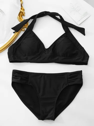 Vista 5 de Conjunto de bikini para mujer, traje de baño de dos piezas con cuello halter sólido