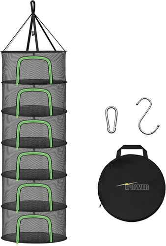 Vista 7 de iPower Red de secado plegable de malla para hierbas de 2 pies y 6 capas con cremalleras, anillo resistente para plantas hidropónicas, bolsa