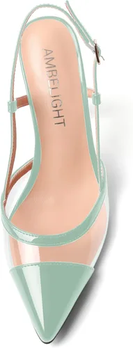 Vista 3 de AMBELIGHT Zapatos de vestir con puntera puntiaguda transparente para mujer, sandalias de charol grueso para citas, zapatos de tacón alto de aguja