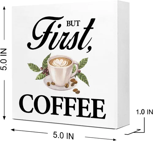 Vista 2 de Ruvoty Letrero de madera con texto en inglés «But First Coffee», decoración de escritorio, ideas de regalo para amantes, decoración de estación