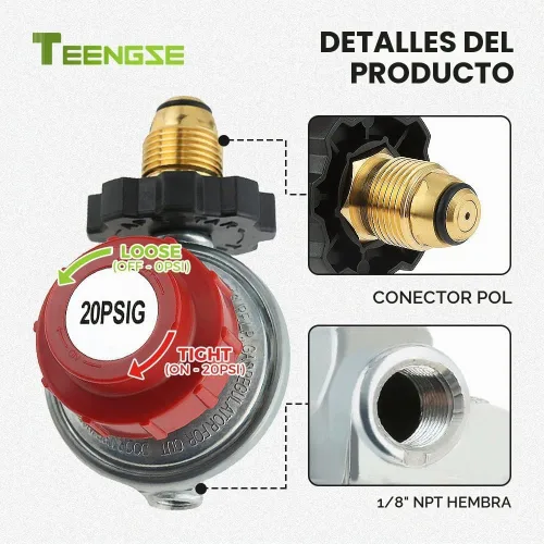 Vista 3 de Regulador de propano POL de alta presión ajustable de 0-20PSI con 4 TEENGSE Accesorios de latón 100% macizo para una conexión apretada, se adapta