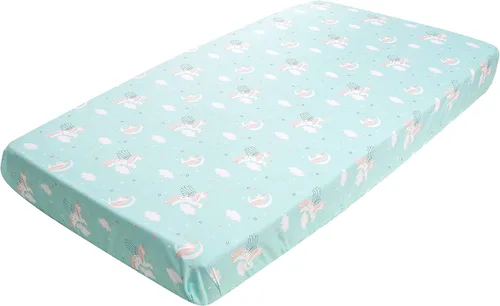 Vista 4 de Juego de ropa de cama de cuna de unicornio azul de 4 piezas, falda de edredón, sábana ajustable, cenefa, cuna, juego de ropa de cama