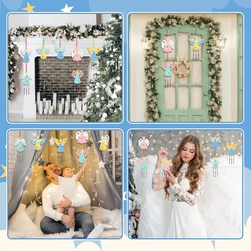 Vista 6 de Fennoral Paquete de 9 carillones de viento de ángel para niños, campanillas de viento de ángel, manualidades de madera para pintar para actividades