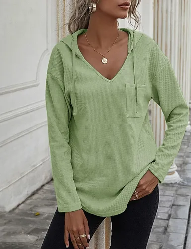 Vista 5 de Sudadera de manga larga con capucha y cuello en V, sudadera sin botones con cordón y bolsillo