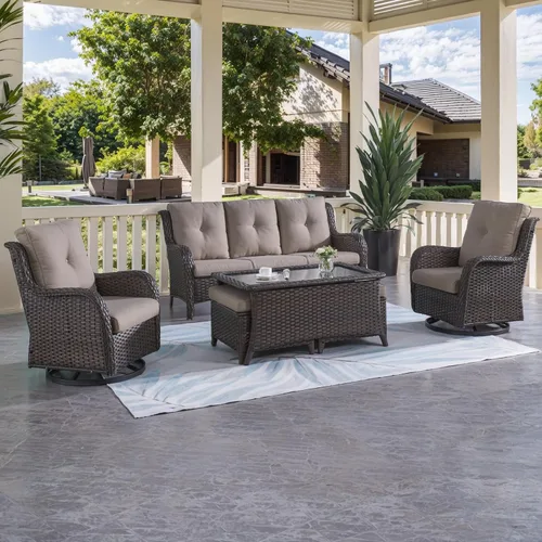 Vista 70 de HUMMUH Juego de 2 Sillas Giratorias Mecedoras de Mimbre para Patio Exterior, Juego de Muebles de Sillas Mecedoras de Ratán (Marrón, Azul) 50,000