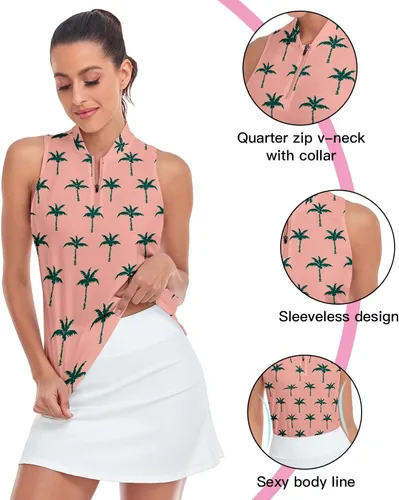 Vista 2 de Soneven Camiseta polo sin mangas para mujer, de secado rápido, cuello en V, ligera, con protección UV 50+
