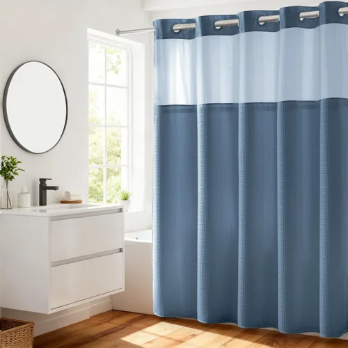 Vista 69 de Cortina de baño River Dream de gran peso sin ganchos necesarios con diseño de gofre punteado y forro a presión - 36W x 74H, de calidad hotelera