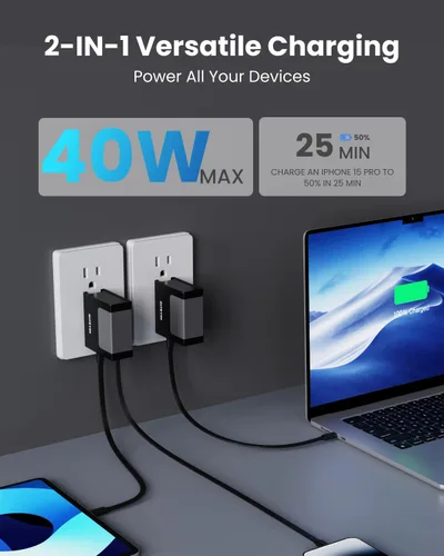 Vista 3 de Cargador de pared USB C de 40 W con cable retráctil integrado, bloque de carga rápida plegable 2 en 1, artículos esenciales de viaje compatible