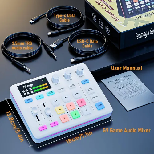 Vista 7 de Facmogu G9 Mezclador de Audio, Mezclador de PC RGB para Transmisión con Interfaz XLR para Micrófono, Control de Volumen, Botón de Silencio