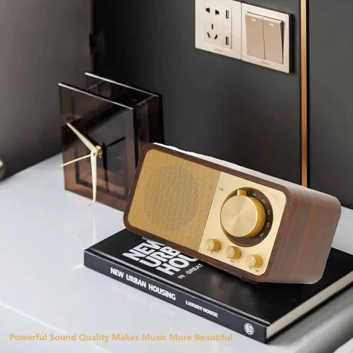 Vista 8 de Altavoz BT de madera retro vintage, radio AM FM portátil recargable con reproducción AUX/USB/TF, radio retro recargable para cafeterías