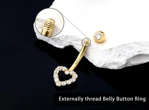 Vista 4 de Melighting Piercing para ombligo de oro real de 14 quilates, joyería de piercing de ombligo de corazón con circonita cúbica transparente, joyería