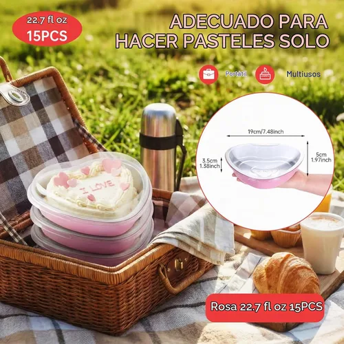 Vista 2 de Juego de 15 moldes para pasteles en forma de corazón con tapas, mini recipientes desechables de papel de aluminio para cupcakes de 22.7 onzas