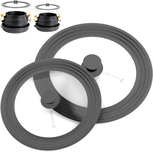 Vista 10 de Tapa universal para ollas y sartenes de 7.5 a 11.5 pulgadas, juego de tapas de vidrio templado con borde de silicona de tamaño automático, 2 Negro