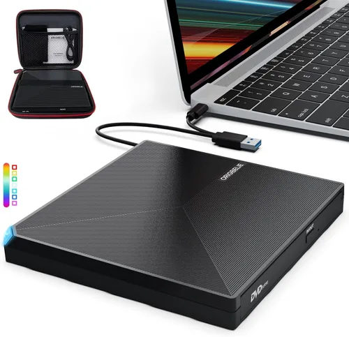 Vista 10 de ORIGBELIE Unidad externa de CD/DVD para portátil, grabadora de CD USB 3.0, unidad de DVD externa, reproductor de DVD portátil para computadora