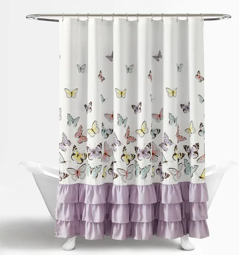 Vista 6 de Lush Decor Cortina de ducha con diseño de mariposa, 72 x 72 pulgadas, lila