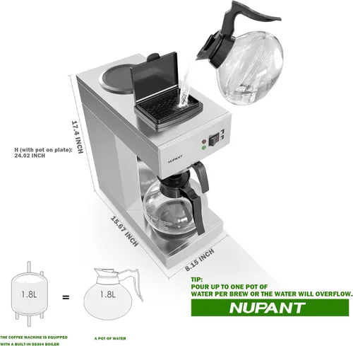 Vista 5 de NUPANT Cafetera de 12 Tazas 1.8L Cafetera Comercial de Goteo Cafetera de Café con Pico Vertidor con 2 Jarras de Vidrio y 2 Placas Calentadoras