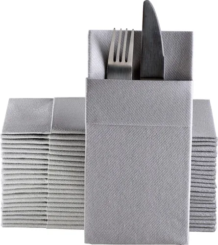 Vista 6 de Servilletas de papel desechables azul bebé con bolsillo incorporado para cubiertos, servilletas de tacto de lino absorbentes para cocina, baño