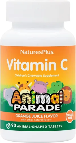 Vista 4 de NaturesPlus Animal Parade Vitamina C para niños sin azúcar, sabor a jugo de naranja natural, 90 tabletas masticables en forma de animales, apoyo