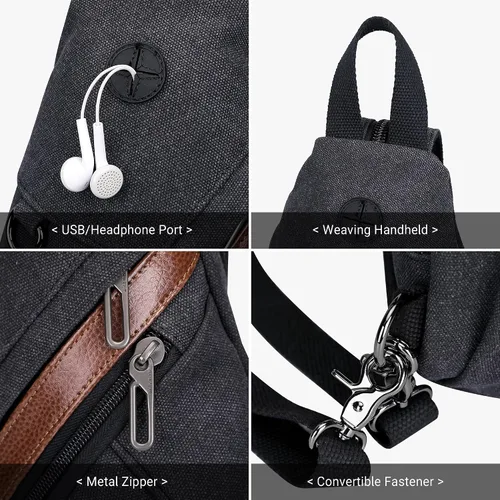 Vista 7 de WITZMAN Bolso bandolera de lona para hombres y mujeres, mochila convertible cruzada, estilo vintage, bolsa de pecho de viaje casual (A8003, negro)
