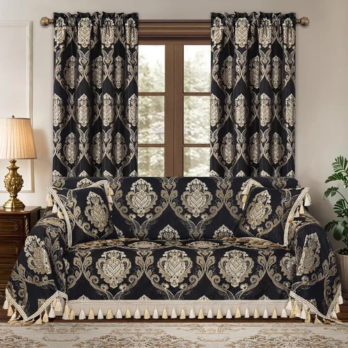 Vista 2 de Loom and Mill Fundas de sofá de lujo, funda clásica de damasco jacquard grueso para sofá, protector de muebles con borde de encaje y borlas hechas a