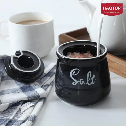 Vista 4 de Cuenco de sal de porcelana con tapa y cuchara de 12 onzas, fácil de limpiar (negro)