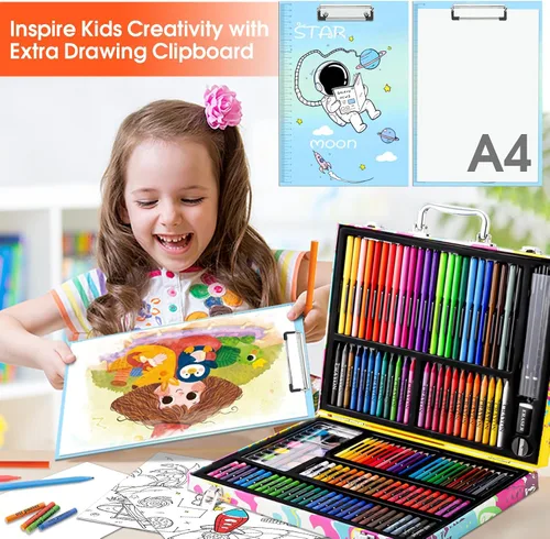 Vista 4 de Suministros de arte, juego de 180 piezas para dibujar y pintar para niños, niñas, niños, adolescentes, juego de arte para colorear con estuche
