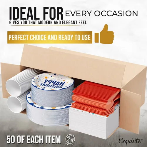 Vista 3 de Exquisite 350 Piezas Platos de Plástico de Cumpleaños Azules Para Fiestas, Juego de Platos Desechables de Cumpleaños Azules, 50 de Cada Juego