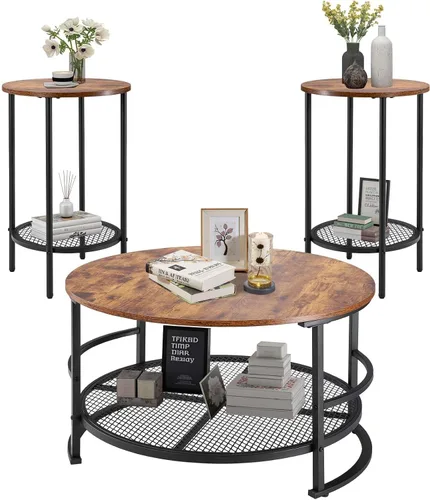 Vista 11 de VEVOR Juego de 3 mesas para sala de estar, mesa de café industrial de 41.3 pulg con 2 mesas auxiliares cuadradas, juego de mesas de café