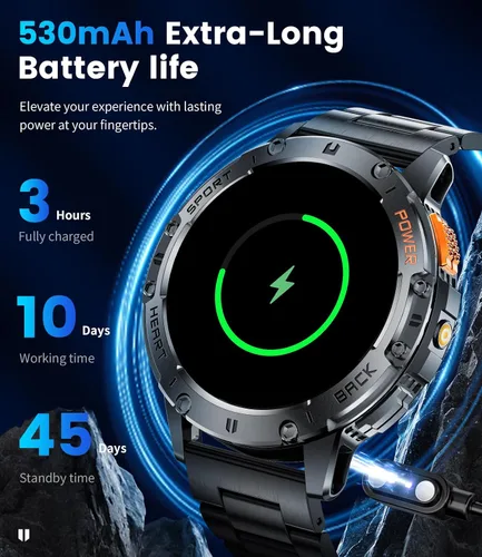 Vista 5 de Relojes inteligentes militares para hombres (responder/hacer llamadas) con linterna LED, batería grande de 530 mAh, monitor de frecuencia