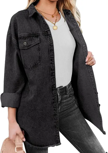Vista 8 de Vetinee Chaqueta de mezclilla de gran tamaño con botones y dobladillo deshilachado para mujer