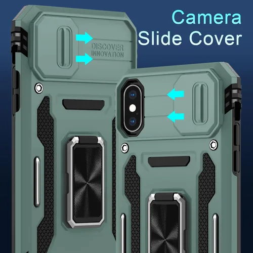 Vista 2 de DEERLAMN Funda para iPhone Xs Max con funda deslizante para cámara + protector de pantalla, soporte giratorio de anillo de grado militar a prueba
