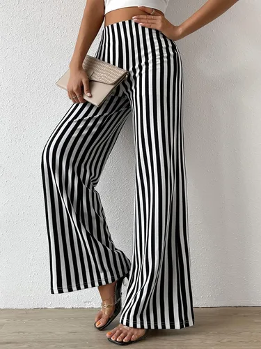 Vista 3 de WDIRARA Pantalones largos elegantes de cintura alta para mujer con pierna acampanada y rayas verticales