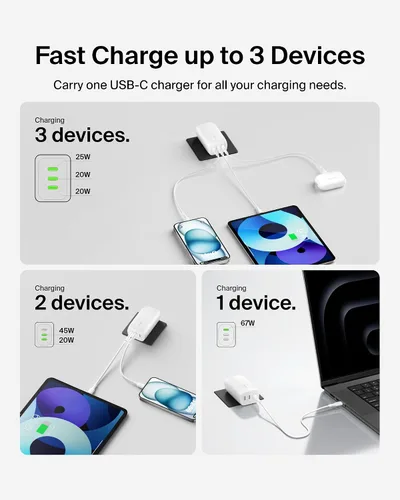 Vista 4 de Belkin Bloque de cargador USB C de 3 puertos de 67 W - PPS USB-C PD3.1 PPS carga súper rápida - Samsung Galaxy S26, Apple iPhone 17, Air, Pro