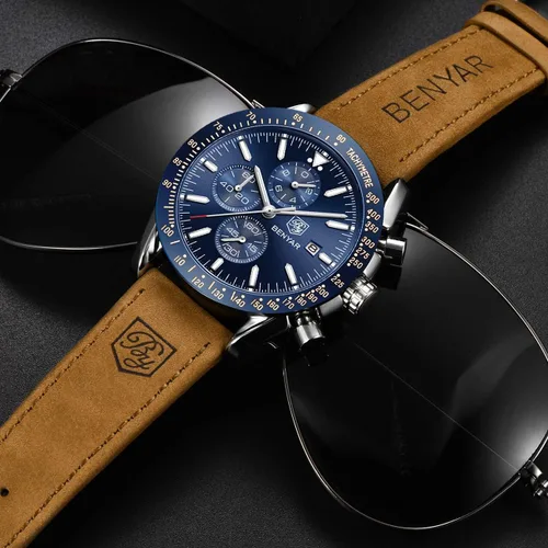 Vista 5 de BENYAR - Relojes de cuarzo para hombre, cronógrafo, de lujo, impermeables, a la moda, de cuero marrón, para hombre