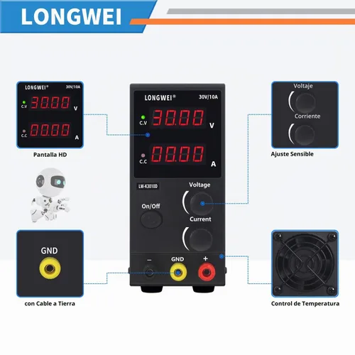Vista 2 de LONGWEI Fuente de alimentación de CC variable, 30 V 10 A, 4 pantallas LED digitales, fuente de alimentación de conmutación regulada ajustable